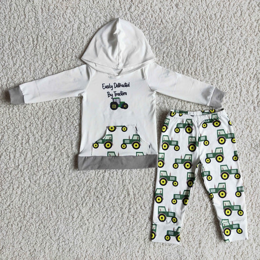 6 A23-30 Boys White Tractor Hooded Outfits