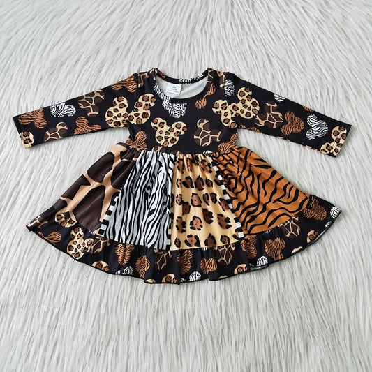 6 B11-37 Girls Long Sleeve Cartoon Leopard Twirl Dress