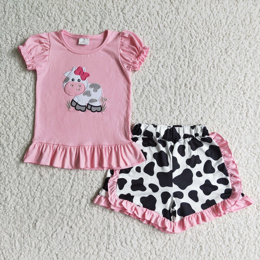 GSSO0105 Girls Embroidered Cow Shorts Outfit