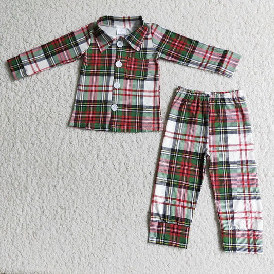 6 B2-4 / 6 A7-15 Baby Boys Girls Sibling Plaid Long Sleeve Lapel Button Pajamas