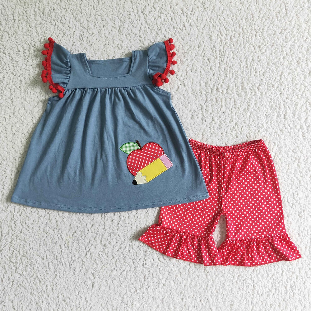 GSSO0120 Girls Embroidered Apple Pencil Red Dot Shorts Outfit