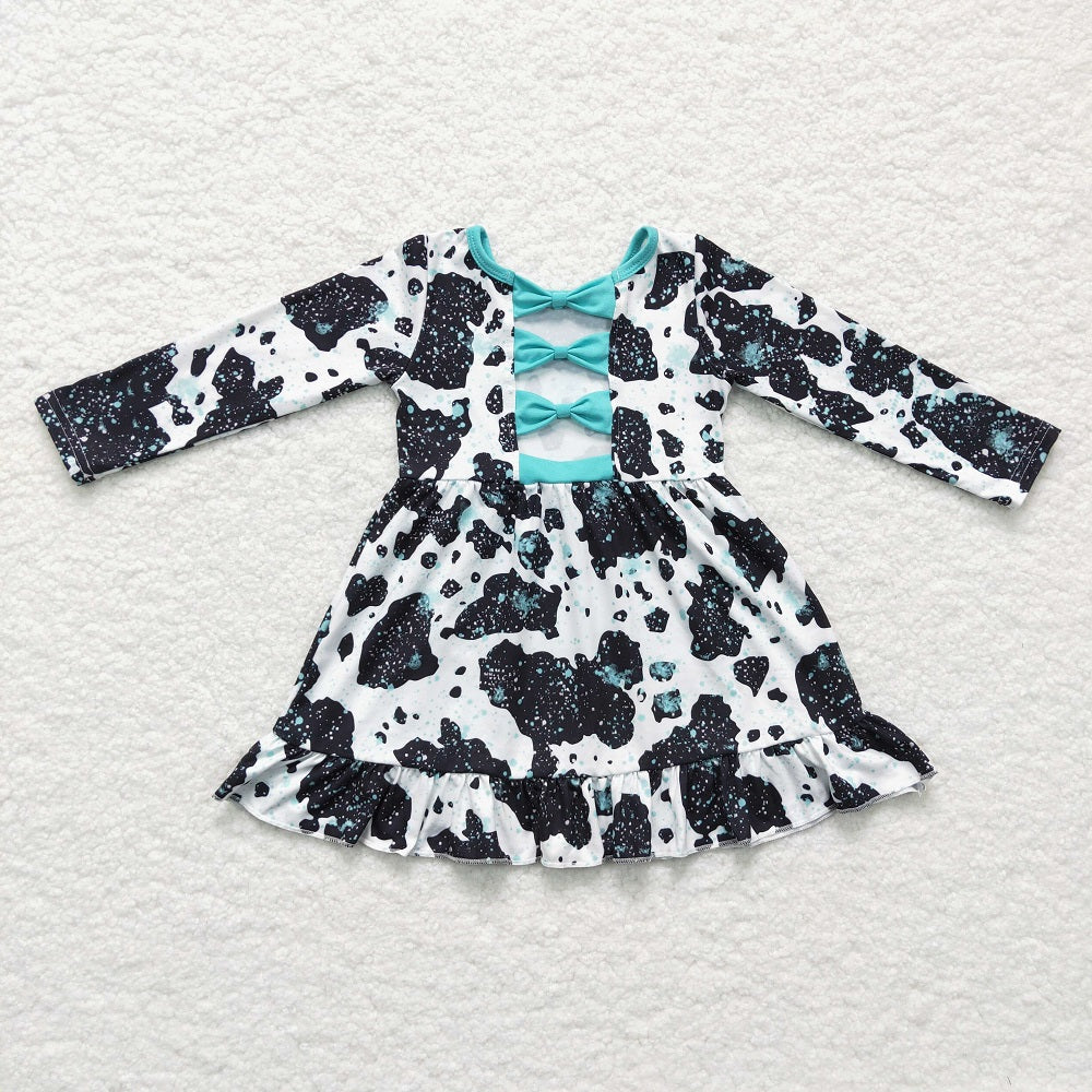 GLD0128 Girl Cow Bow Long Sleeve Dress