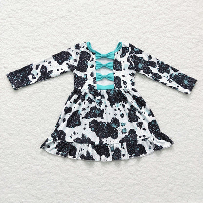 GLD0128 Girl Cow Bow Long Sleeve Dress