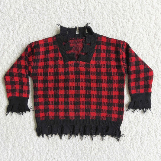 6 A4-14 Christmas Girl Red Black Plaid Tassel Sweater