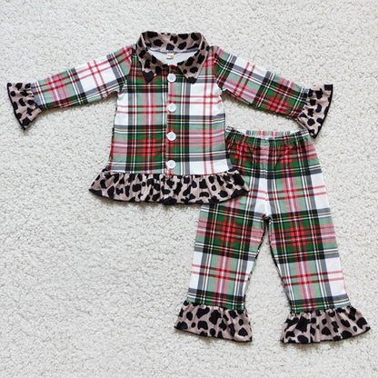 6 B2-4 / 6 A7-15 Baby Boys Girls Sibling Plaid Long Sleeve Lapel Button Pajamas