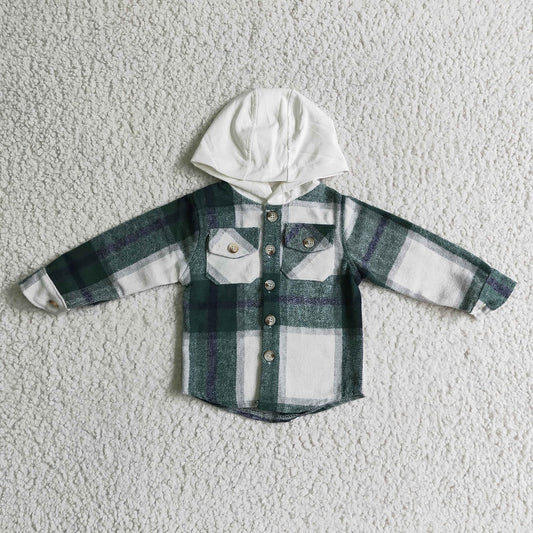 BT0075 Boys Green Plaid Pockets Hoodie Flannel Button Shirt