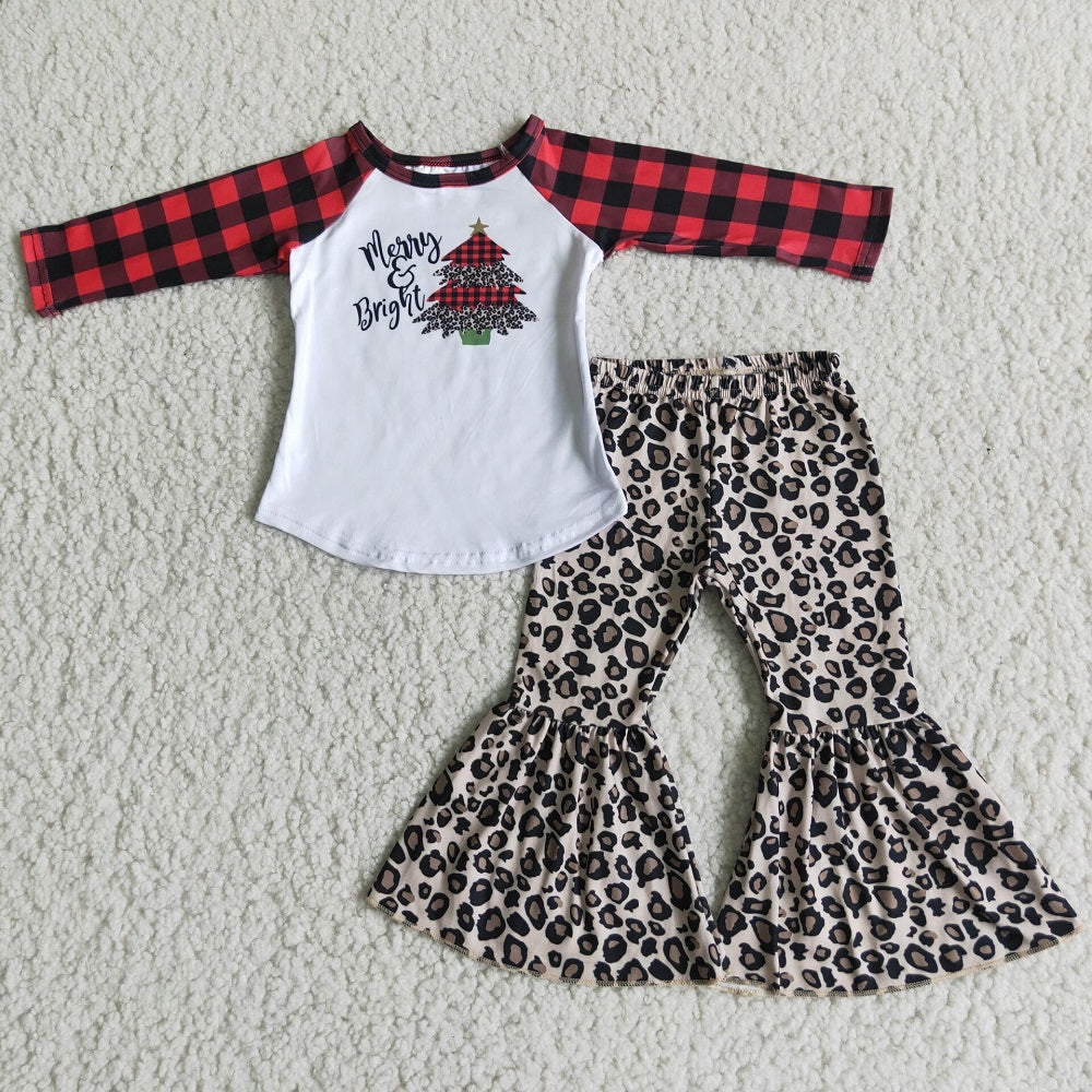 6 A25-13 Merry Christmas Tree Girls Leopard Bell Outfit