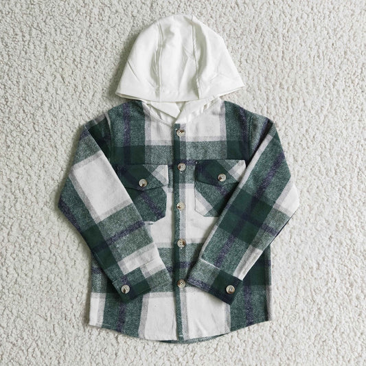 BT0075 Boys Green Plaid Pockets Hoodie Flannel Button Shirt