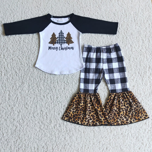6 B8-18 Merry Christmas Tree Girls Leopard Plaid Bell Outfit
