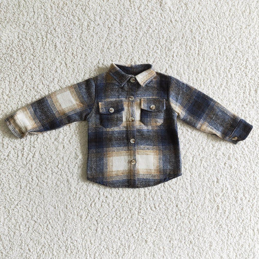 BT0117 Boys Blue Black Plaid Pockets Flannel Button Shirt