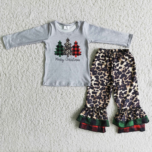 6 C6-38 Merry Christmas Tree Girls Grey Leopard Plaid Outfit