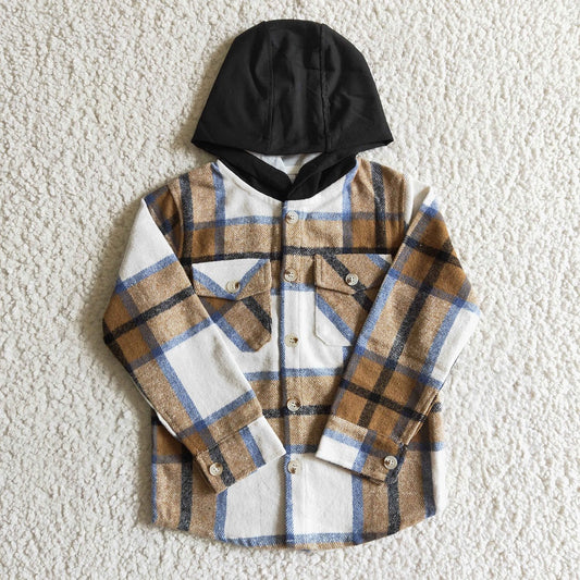 BT0076 Boys Brown Plaid Pockets Hoodie Flannel Button Shirt