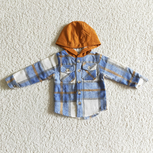 BT0074 Boys Blue Plaid Pockets Hoodie Flannel Button Shirt