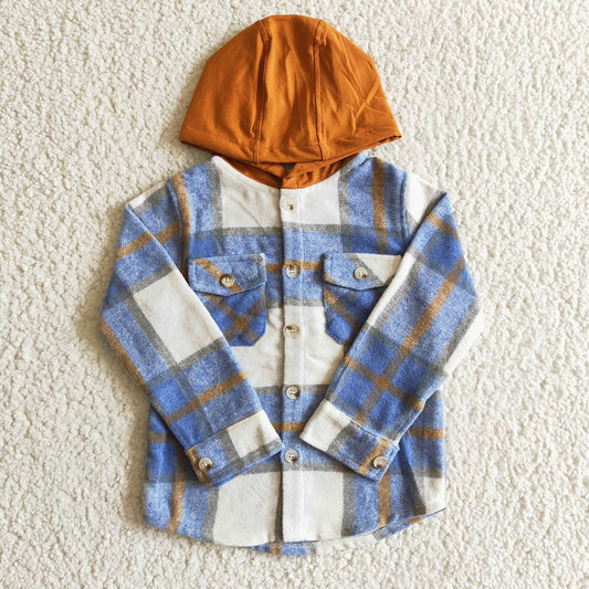 BT0074 Boys Blue Plaid Pockets Hoodie Flannel Button Shirt