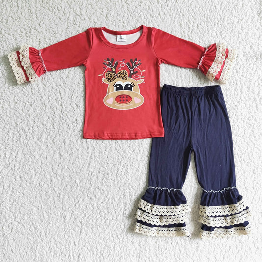 6 A14-27 Christmas Girls Deer Lace Ruffle Outfit