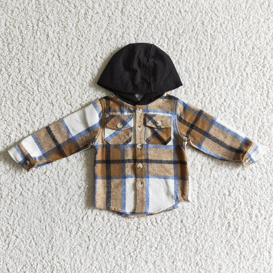 BT0076 Boys Brown Plaid Pockets Hoodie Flannel Button Shirt