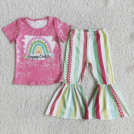 D5-19 Happy Easter Baby Girl Rainbow Striped Bell Ruffle Outfit