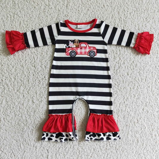 LR0015 / LR0016 Sibling Baby Embroidered Farm Cow Horse Truck Striped Romper