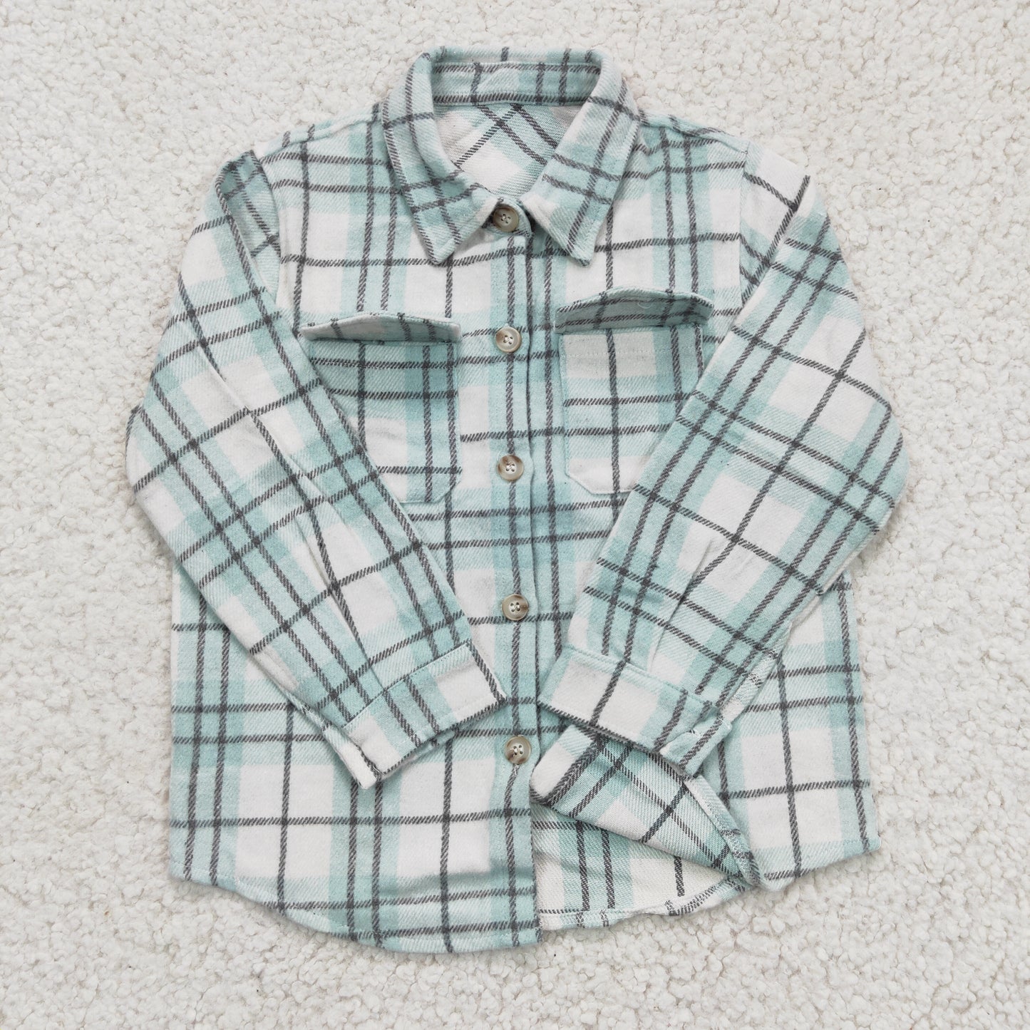 BT0169 Boys Sky Blue Plaid Pockets Flannel Button Shirt