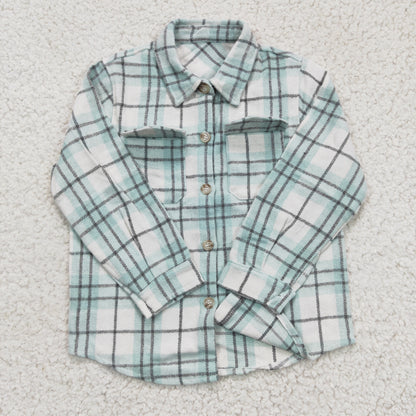 BT0169 Boys Sky Blue Plaid Pockets Flannel Button Shirt