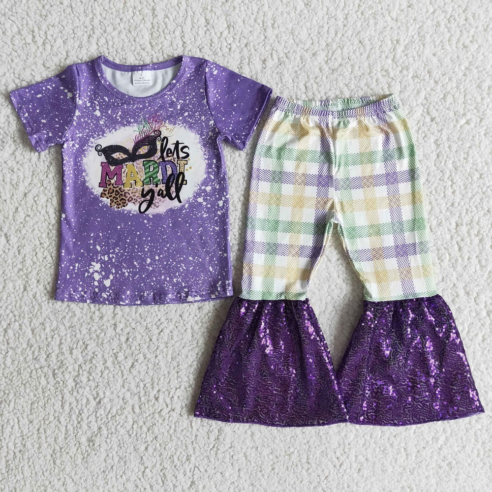 E5-17 Mardi Gras Baby Girls Plaid Print Purple Sequins Bell Bottom Outfits