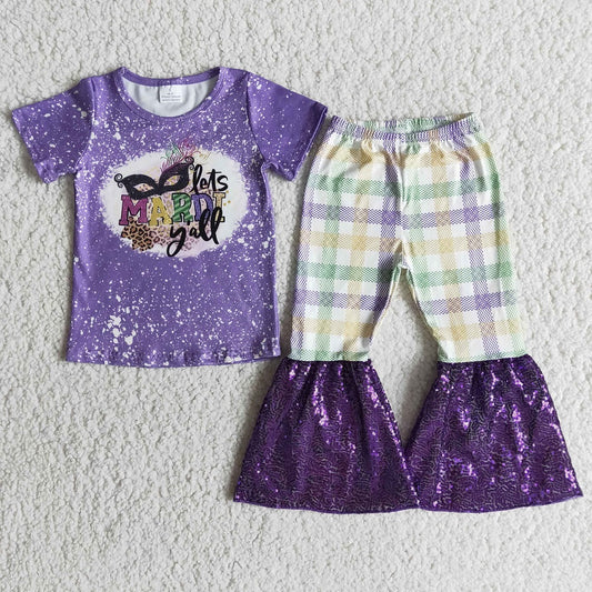 E5-17 Mardi Gras Baby Girls Plaid Print Purple Sequins Bell Bottom Outfits