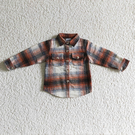 BT0116 Boys Orange Black Plaid Pockets Flannel Button Shirt