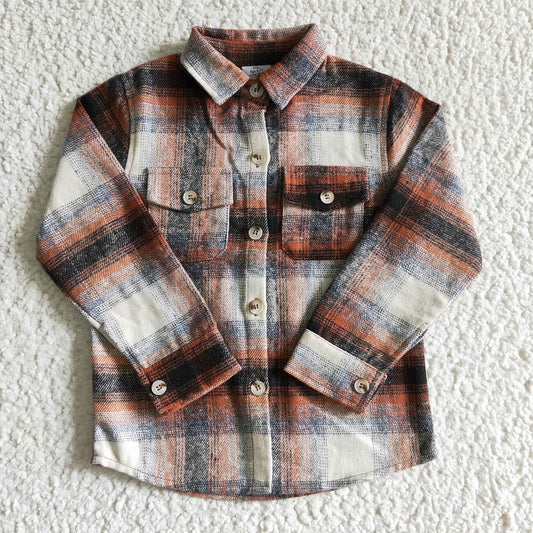 BT0116 Boys Orange Black Plaid Pockets Flannel Button Shirt