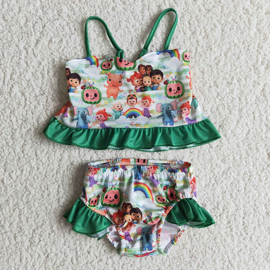 E11-20 Summer Baby Girls Rainbow Green Cartoon Watermelon Swimsuit