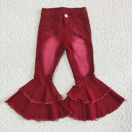 P0004 Girls Red Bleach Bell Jeans