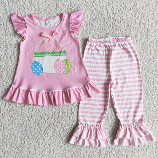 D1-13 Easter Egg Baby Girl Bow Basket Striped Ruffle Pants Outfit