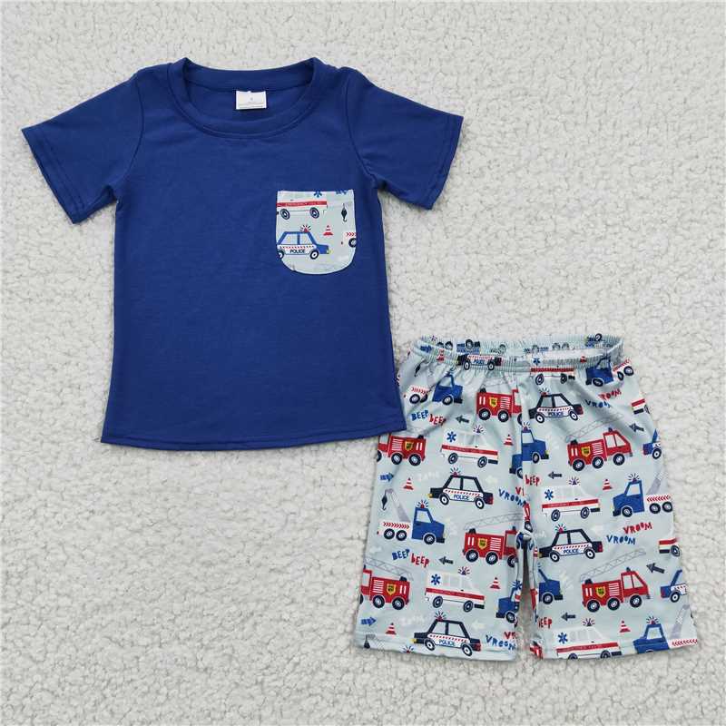 BSSO0121 Boys Police car Fire Truck pocket Blue short sleeve shorts 5.10