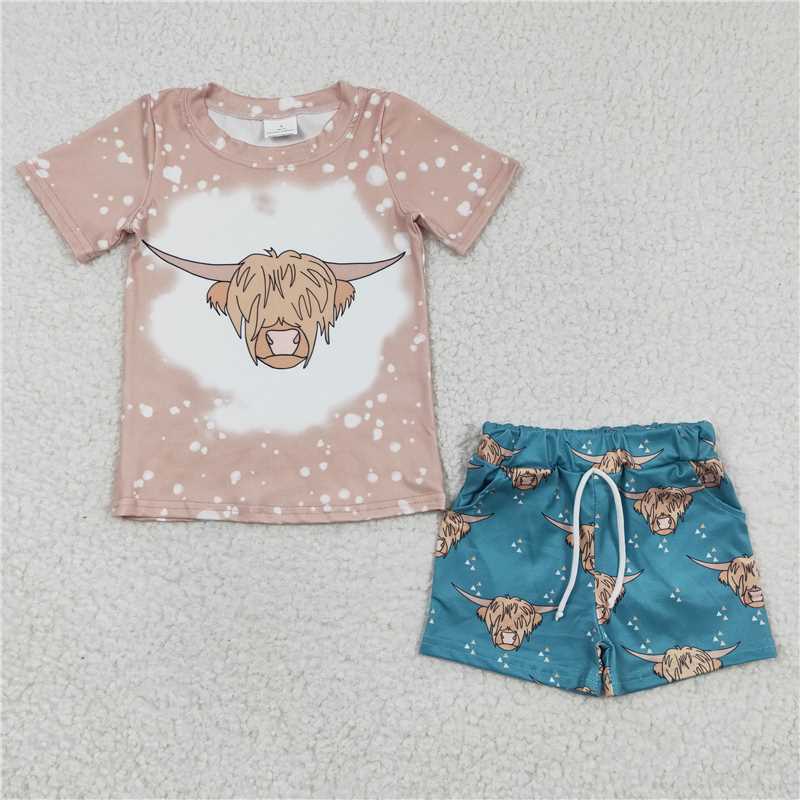 BSSO0198 Boys Alpine Cow Brown Short sleeve Blue Shorts suit