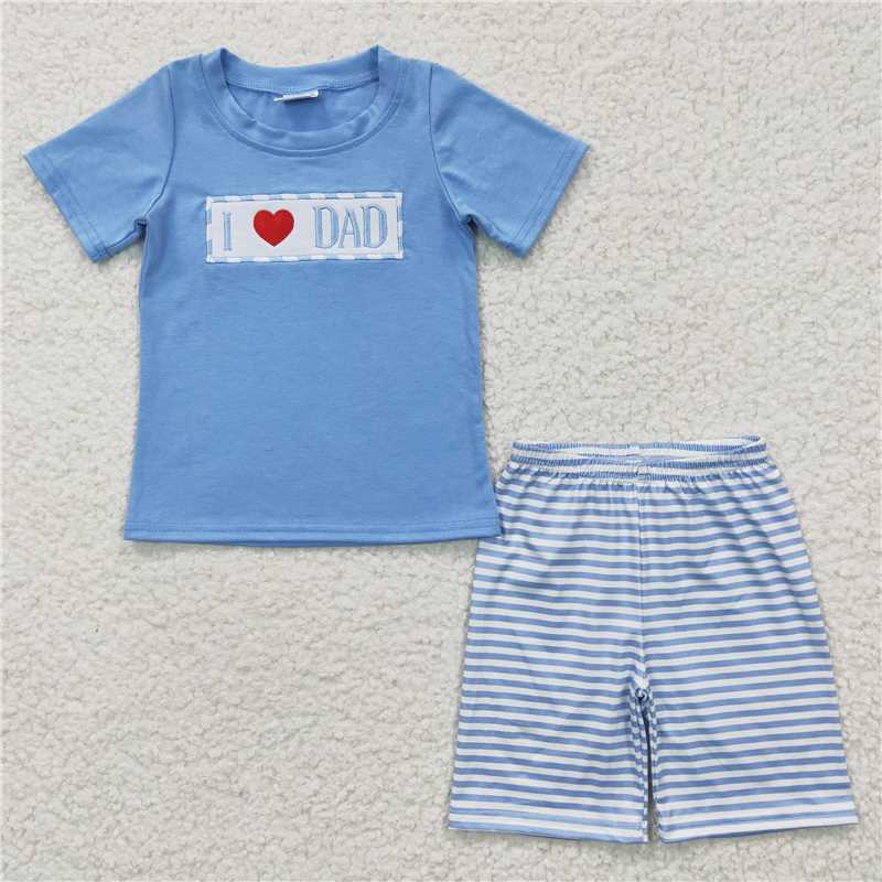BSSO0172 Boys Embroidery Love DAD Short Sleeve shorts blue