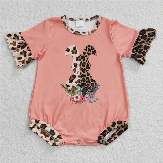 SR0117 Girl's leopard Print Rabbit Orange Short sleeve jumpsuit