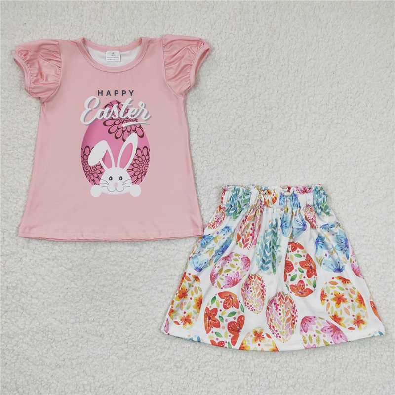 GSSO0167 Girls Easter Bunny Egg Pink Short Sleeve Shorts