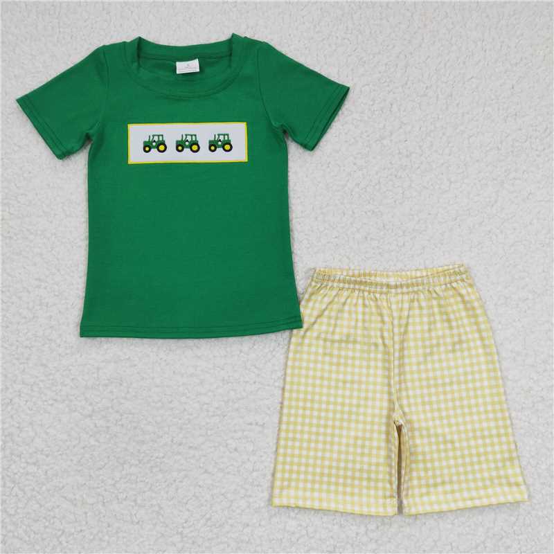 BSSO0126 Boys Embroidery Farm Car Green Short Sleeve Yellow short 5.17