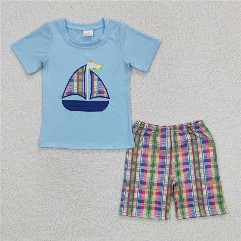 BSSO0127 Boys Embroidery Sailboat Blue Short sleeve plaid shorts cover