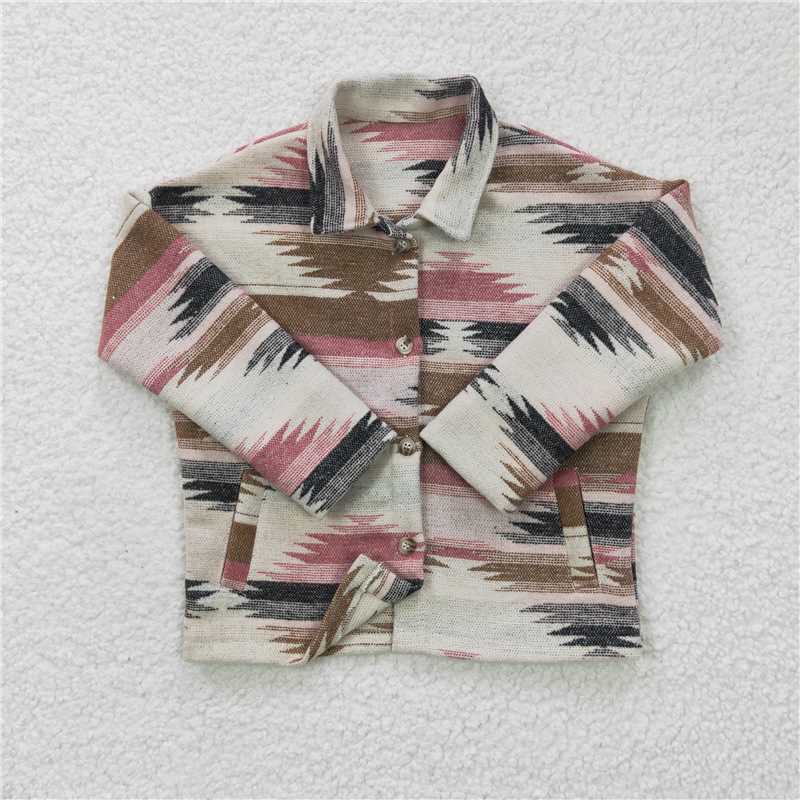 GT0084 Girls pink Brown geometric stripe pattern shirt