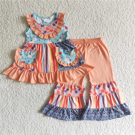 A7-23 Girls Sleeveless Ruffle Striped Outfits