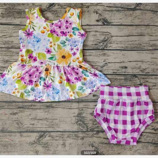 GBO0086 Girls Purple Flower Sleeveless Plaid Briefs Set