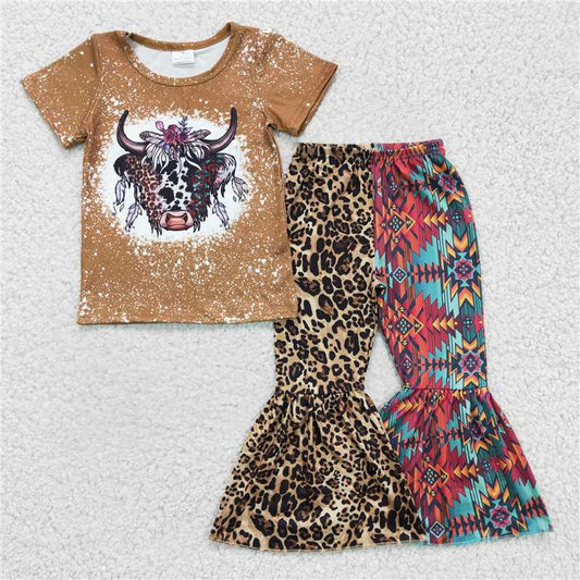 GSPO0263 Western Girl Cow Flower Leopard Bell Pants Outfit
