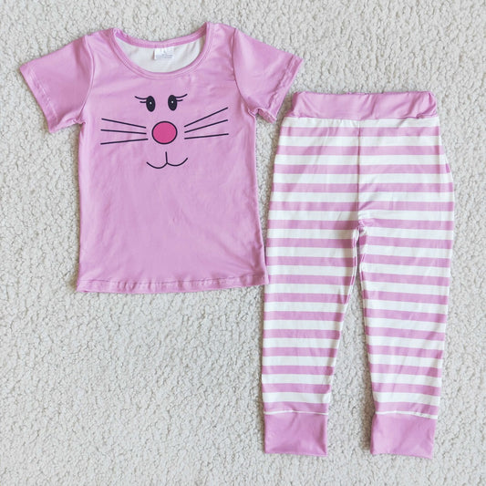 Easter Kids Bunny Striped Short Sleeve Pajamas Outfit
