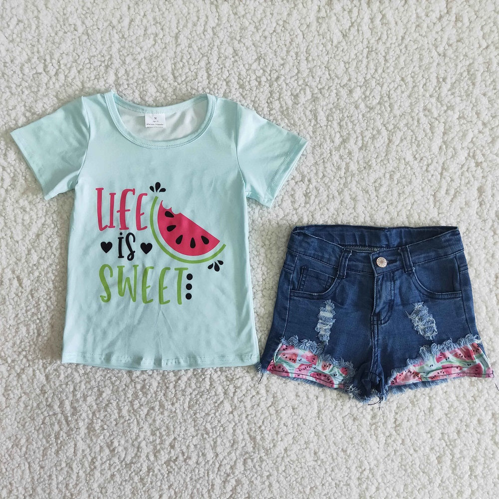B3-21 Life Is Sweet Girls Watermelon Denim Shorts Outfit