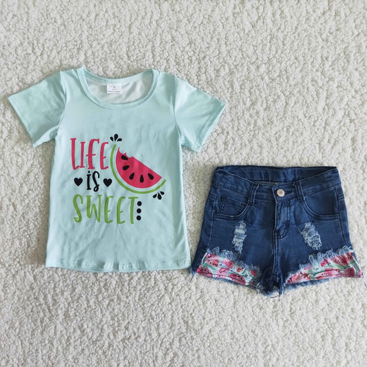 B3-21 Life Is Sweet Girls Watermelon Denim Shorts Outfit