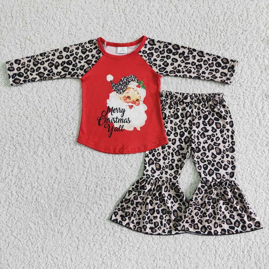 6 A8-15 Merry Christmas Y'all Girls Santa Leopard Bell Outfit