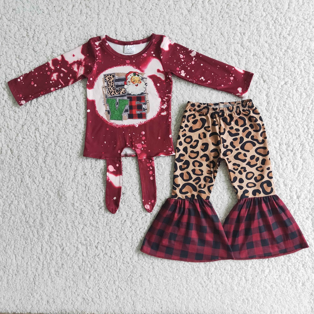 6 A1-15 Christmas Girls Red Tie Dye Santa Leopard Bell Outfit