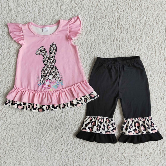 E6-17 Easter Baby Girls Flutter Sleeve Leopard Bunny Outfits