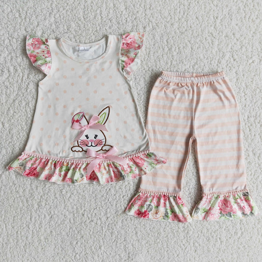 E6-18 Easter Baby Girls Embroidered Rabbit Flutter Sleeve Outfits