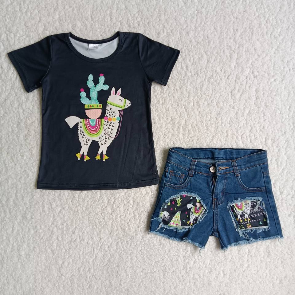 B6-3 Girls Cactus Llama Denim Shorts Outfit